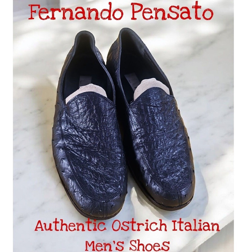 Fernando Pensato Leather Ostrich Vibram Sole Slip On Men's Shoes 45 Italy USA 11